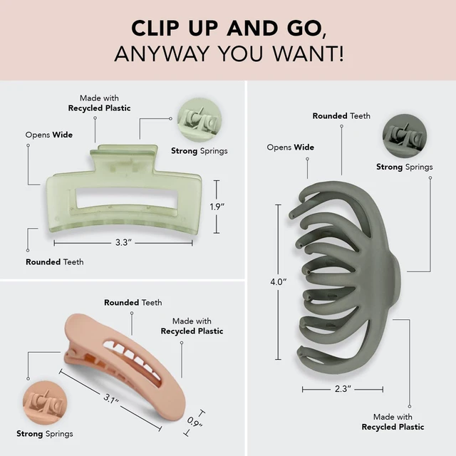 Alt view image 2 of 7 - Open Shape Assorted Claw Clips, Durable Hair Clips for Women -3 pcs | Medium Womens Hair Clips for Thick Hair, Flat Lay Hair Clip & Big Octopus Claw Clips For Updos, Half Updo
