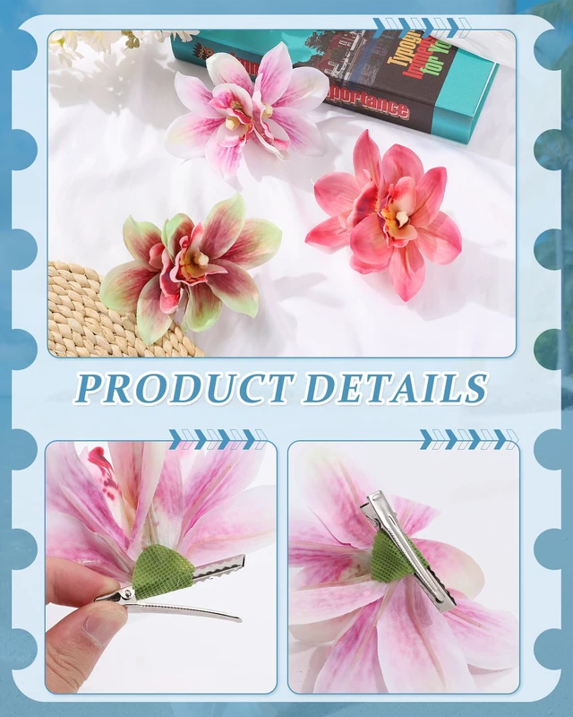 Alt view image 5 of 7 - Hawaiian Flower Hair Clips for Women Artificial Orchid Hair Barrettes | Hibiscus Flower Hair Clips for Wedding Bridal Beach Party Luau Party(Pink+Rose+Green)