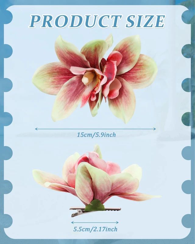 Alt view image 4 of 7 - Hawaiian Flower Hair Clips for Women Artificial Orchid Hair Barrettes | Hibiscus Flower Hair Clips for Wedding Bridal Beach Party Luau Party(Pink+Rose+Green)