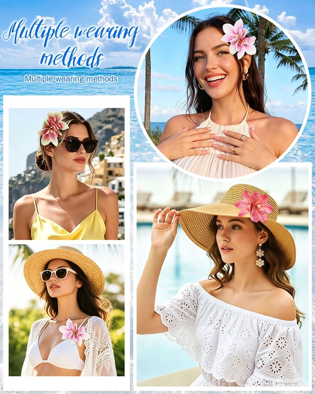 Alt view image 6 of 7 - Hawaiian Flower Hair Clips for Women Artificial Orchid Hair Barrettes | Hibiscus Flower Hair Clips for Wedding Bridal Beach Party Luau Party(Pink+Rose+Green)