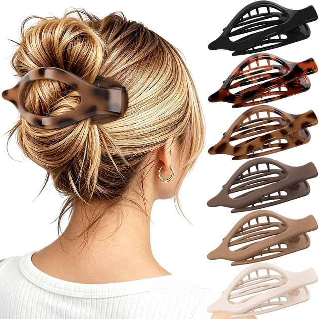 Main image of 6 PCS Large Flat Hair Clips for Women Girls, French Concord Lay Down Flat Claw Clips for Thick Thin Hair, Comfortable Curved Flat Clip, Leopard Print Strong Hold Hair Accessories, Tortoise