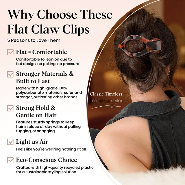 Alt view image 3 of 7 - 6 PCS Large Flat Hair Clips for Women Girls, French Concord Lay Down Flat Claw Clips for Thick Thin Hair, Comfortable Curved Flat Clip, Leopard Print Strong Hold Hair Accessories, Tortoise