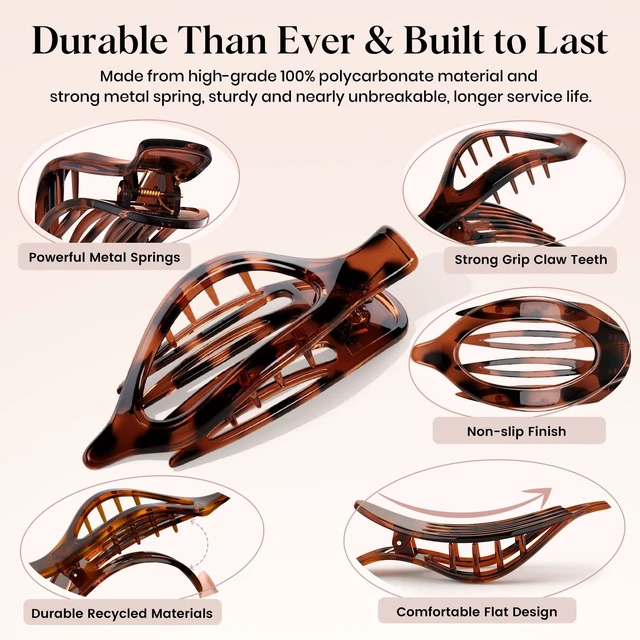Alt view image 5 of 7 - 6 PCS Large Flat Hair Clips for Women Girls, French Concord Lay Down Flat Claw Clips for Thick Thin Hair, Comfortable Curved Flat Clip, Leopard Print Strong Hold Hair Accessories, Tortoise