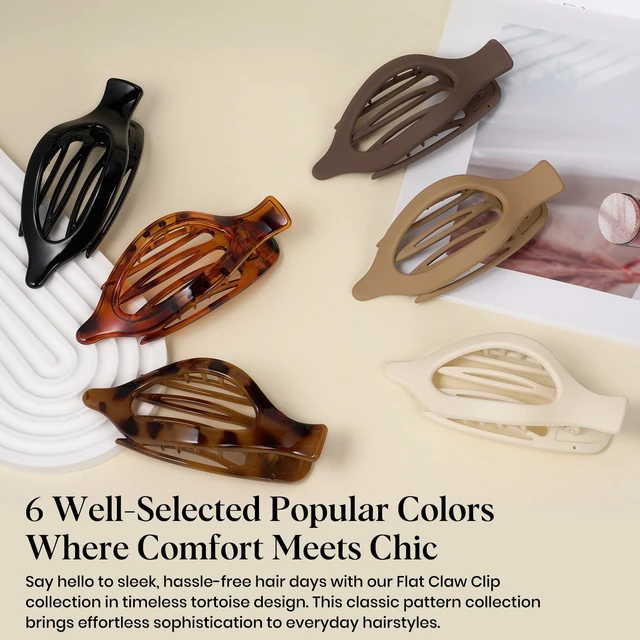 Alt view image 7 of 7 - 6 PCS Large Flat Hair Clips for Women Girls, French Concord Lay Down Flat Claw Clips for Thick Thin Hair, Comfortable Curved Flat Clip, Leopard Print Strong Hold Hair Accessories, Tortoise