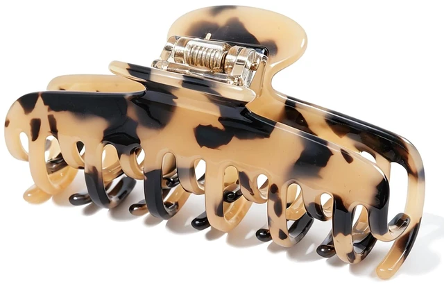 Main image of Acetate Double Row Teeth Hair Claw Clips for Thin Hair, Non-Slip | 3.4" Medium Hair Clips for Fine, Short & Straight Hair, Strong Hold Hair Accessories (Tortoise Beige)