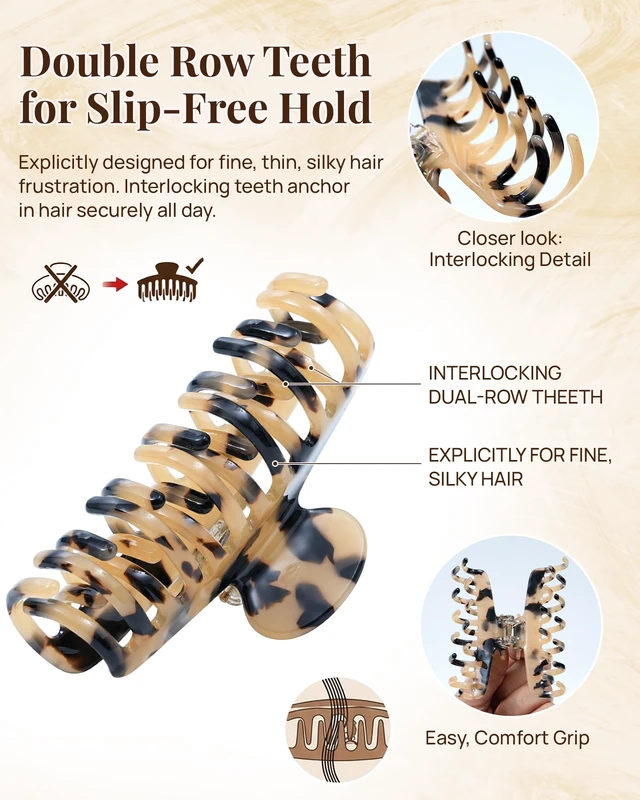 Alt view image 2 of 7 - Acetate Double Row Teeth Hair Claw Clips for Thin Hair, Non-Slip | 3.4" Medium Hair Clips for Fine, Short & Straight Hair, Strong Hold Hair Accessories (Tortoise Beige)