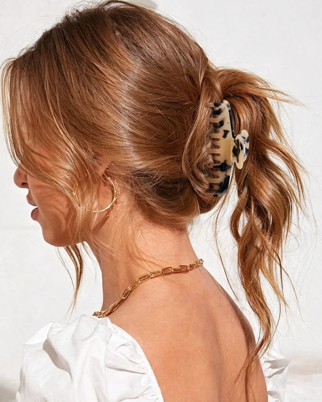 Alt view image 4 of 7 - Acetate Double Row Teeth Hair Claw Clips for Thin Hair, Non-Slip | 3.4" Medium Hair Clips for Fine, Short & Straight Hair, Strong Hold Hair Accessories (Tortoise Beige)