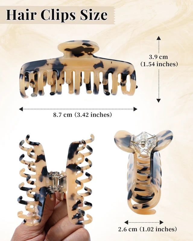 Alt view image 6 of 7 - Acetate Double Row Teeth Hair Claw Clips for Thin Hair, Non-Slip | 3.4" Medium Hair Clips for Fine, Short & Straight Hair, Strong Hold Hair Accessories (Tortoise Beige)