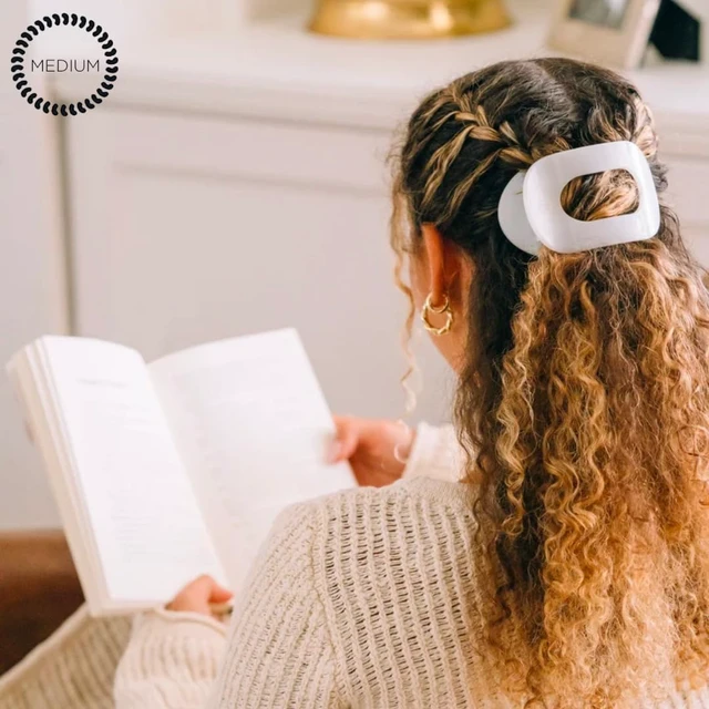 Alt view image 4 of 5 - Medium Flat Round Clip - Strong Grip, Bendable Teeth, Comfortable Curved Design - For Lying Down, Yoga, Driving & More - Ideal for Medium-Thick Hair - For All Hair Textures - Coconut White