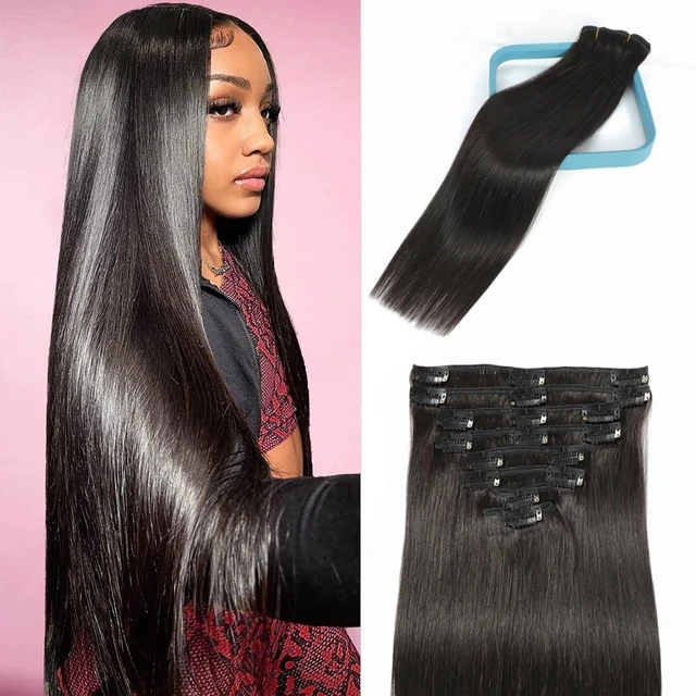 Main image of Clip in Hair Extensions Real Human Hair, 18 Inch 100g/3.6oz, 1B Natural Black, Clip in 100% Brazilian Remy Human Hair Extensions 8pcs Per Set with 18 Clips Double Weft