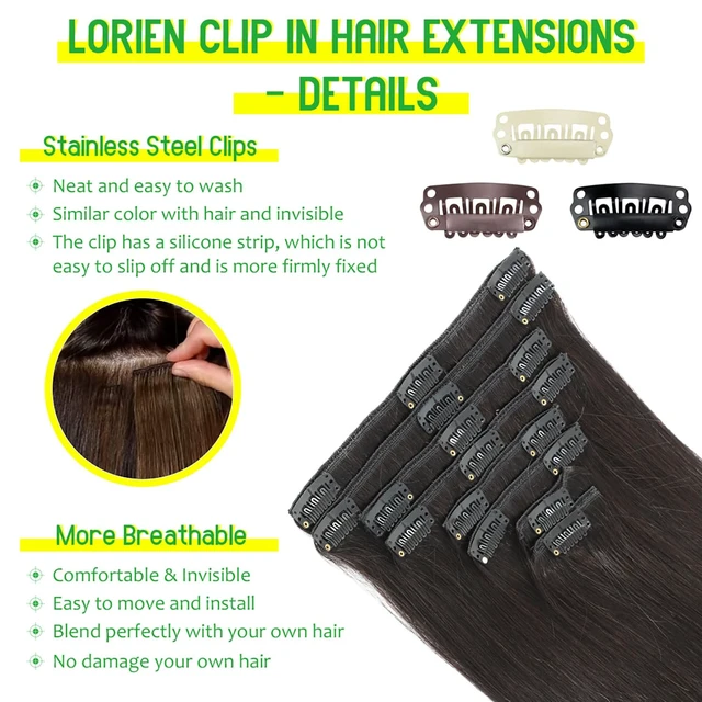 Alt view image 4 of 6 - Clip in Hair Extensions Real Human Hair, 18 Inch 100g/3.6oz, 1B Natural Black, Clip in 100% Brazilian Remy Human Hair Extensions 8pcs Per Set with 18 Clips Double Weft