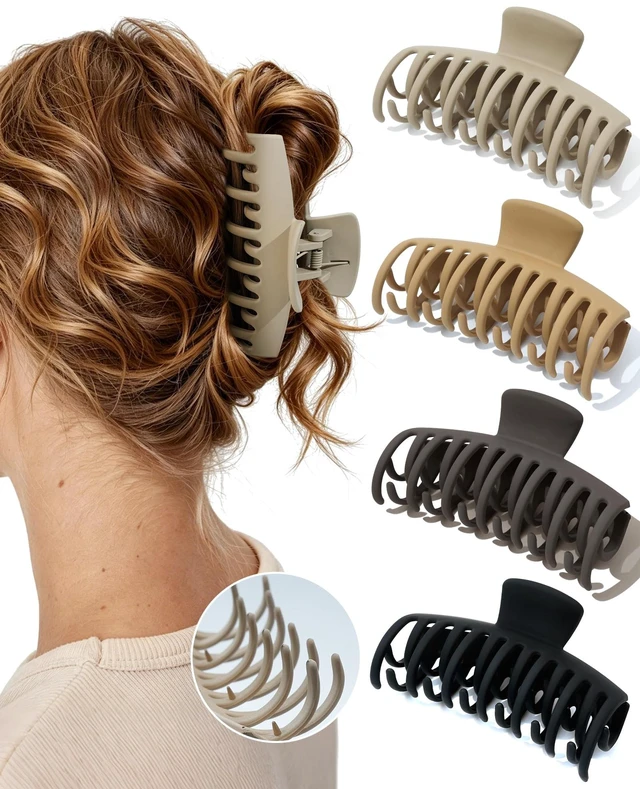 Main image of 4.3" Large Double Row Teeth Claw Clips for Thick Long Curly Hair | 4 Pack, Secure Grip, Keeps Hair in Place All Day, Comfortable Wear, French Twist Messy Bun Full Updo Styles, Matte Neutral