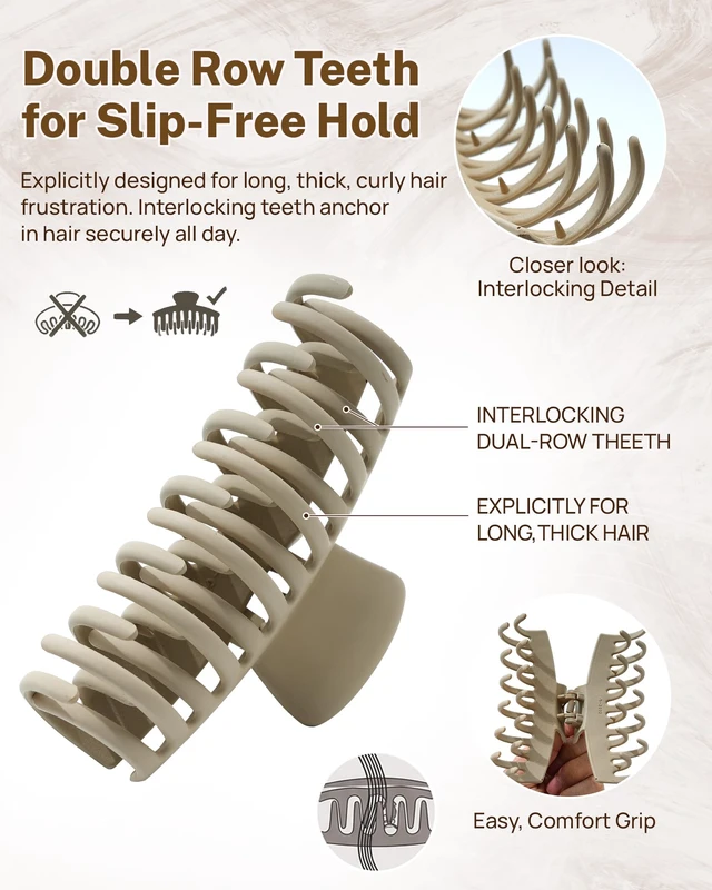 Alt view image 3 of 7 - 4.3" Large Double Row Teeth Claw Clips for Thick Long Curly Hair | 4 Pack, Secure Grip, Keeps Hair in Place All Day, Comfortable Wear, French Twist Messy Bun Full Updo Styles, Matte Neutral