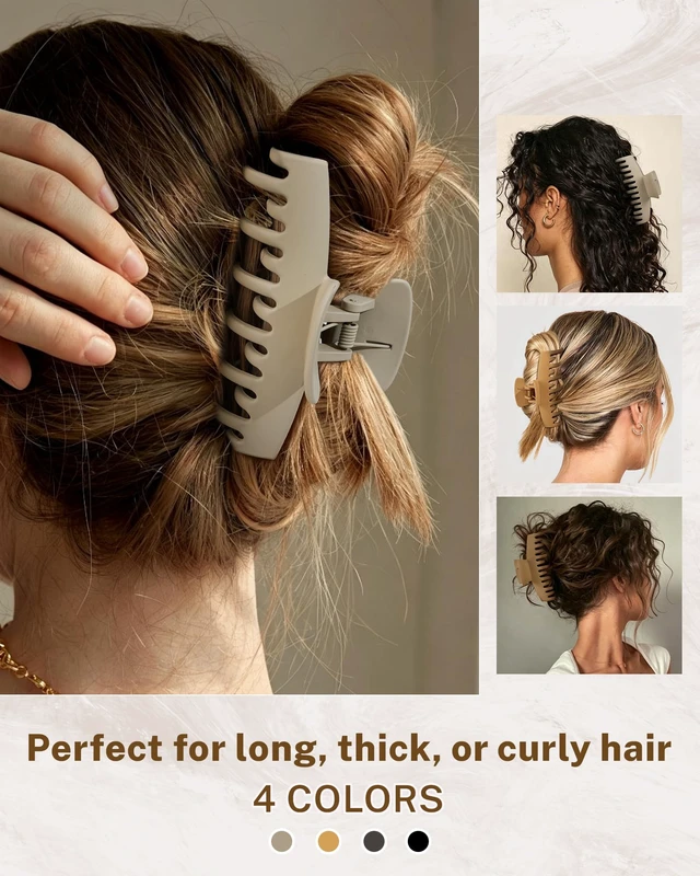 Alt view image 5 of 7 - 4.3" Large Double Row Teeth Claw Clips for Thick Long Curly Hair | 4 Pack, Secure Grip, Keeps Hair in Place All Day, Comfortable Wear, French Twist Messy Bun Full Updo Styles, Matte Neutral