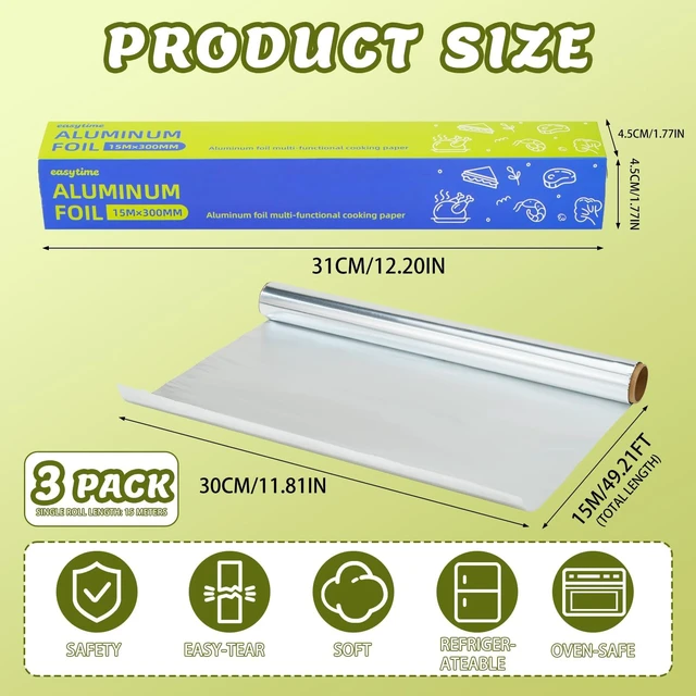 Alt view image 3 of 7 - Foil Roll, 3 Pack 12"x50ft Aluminum Foil Wrap Total 150ft, Food Safe Foil Wrap for Cooking, Baking, Roasting, Grilling, Commercial Grade for Food Service Industry and Home Use