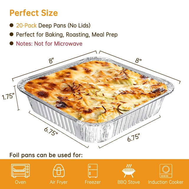 Alt view image 3 of 7 - 20 Pack 8x8 Aluminum Pans, Disposable Foil Baking Pans | Heavy-Duty Aluminum Foil Pans for Baking, Cooking, Heating, Storing & Meal Prepping - Oven, Freezer & Grill Safe