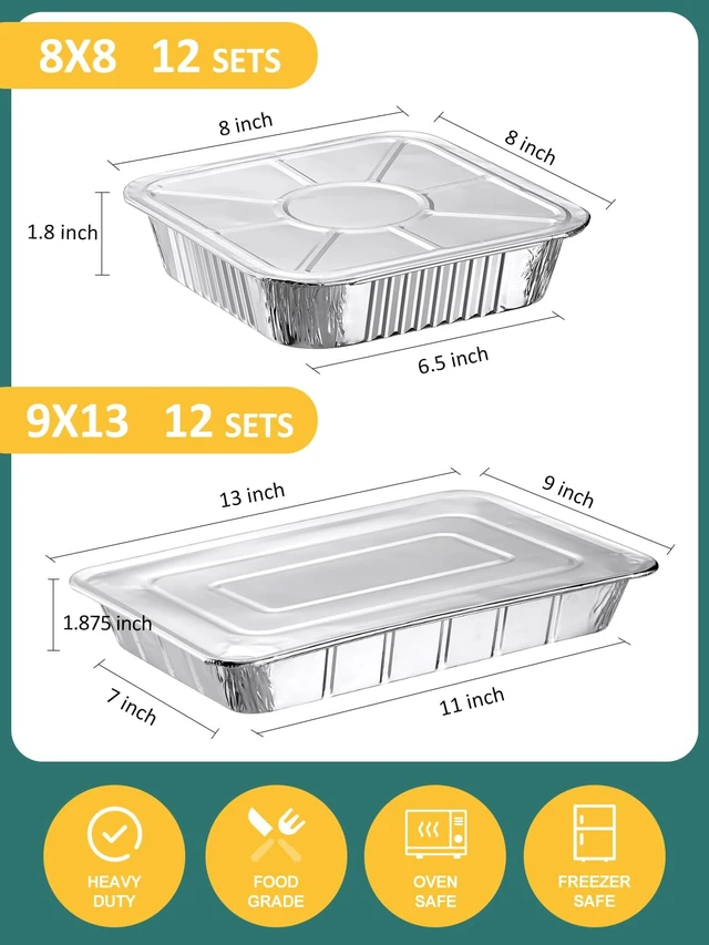 Alt view image 2 of 7 - 24 Pack Disposable Aluminum Pans with Lids Combo Set- 12 Large 9x13 Foil Pans Half Size & 12 Small 8x8 Tin Foil Baking Pans, Tin Trays Containers for Meal Prep, Food Cooking, Roasting, Heating