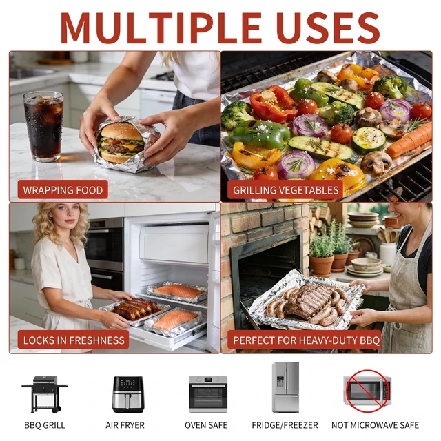 Alt view image 5 of 7 - Aluminum Foil Roll, 23 Micron Thick Food Safe Aluminum | Heavy Duty Foil Wrap with Cutter Tin Foil for Kitchen BBQ,Baking Cooking, Catering, Grilling, Roasting