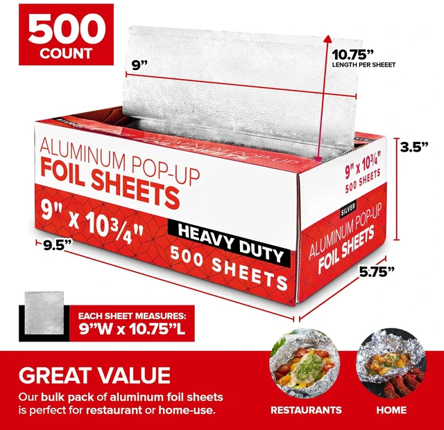 Alt view image 2 of 7 - Pop Up Deli Aluminum Foil, 500 Count Pre-Cut Sheets, Heavy Duty for Restaurant, Disposable for Food, Tin Foil for Burrito, Hot Dog or Sandwich