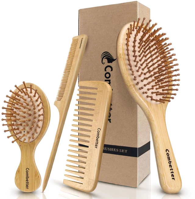 Main image of Bamboo Hair Brush and Comb Set for Hair Growth & Scalp Massager | Natural Bamboo Hair Brush& Combs Set Detangling Hair Comb Set 4PC for All Hair Types, Great for Women, Men & Kids