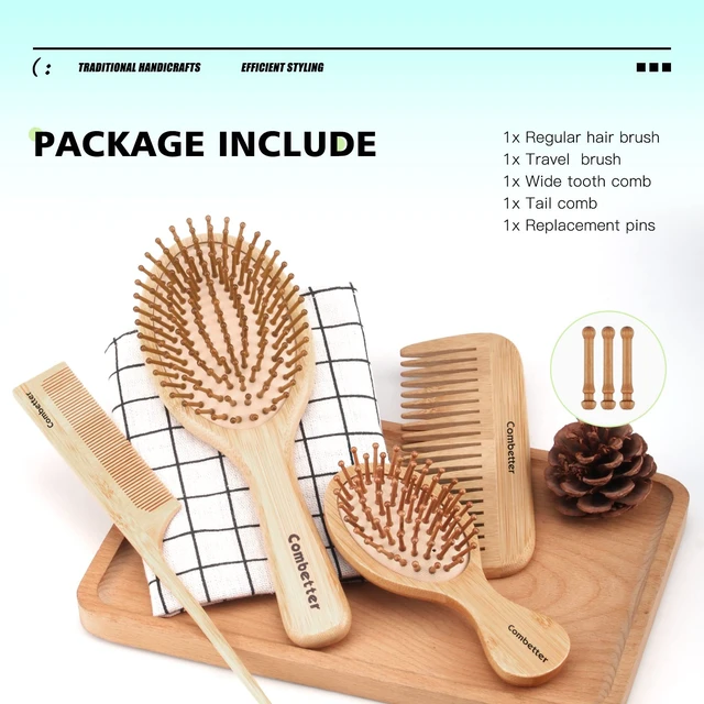 Alt view image 6 of 7 - Bamboo Hair Brush and Comb Set for Hair Growth & Scalp Massager | Natural Bamboo Hair Brush& Combs Set Detangling Hair Comb Set 4PC for All Hair Types, Great for Women, Men & Kids