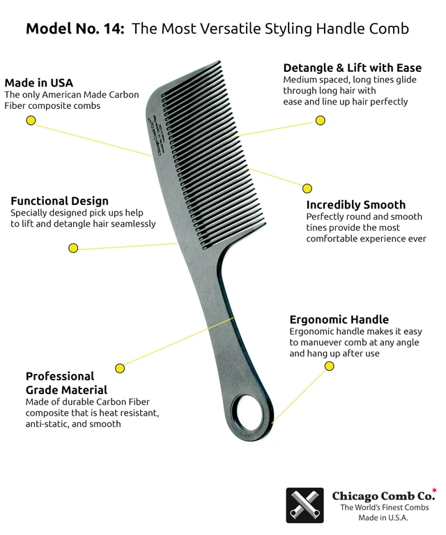 Alt view image 5 of 6 - Model 14 Carbon Fiber, Made in USA, Anti-static, Detangling, Styling & Shower comb, 8.4 inches (21 cm) long
