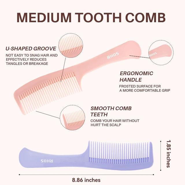 Alt view image 5 of 7 - Medium Tooth Detangling Comb Set for Curly/Straight/Short/Thick Hair, Wet & Dry Use - Pink & Purple