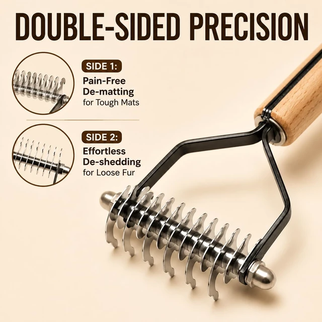 Alt view image 2 of 7 - Dual-Sided Pet Dematting Comb - Dog & Cat Undercoat Rake - Gentle Grooming Brush for Mats, Tangles & Loose Fur, Safe Rounded Teeth, Ergonomic Natural Wood Handle - Large (17+9 Teeth)