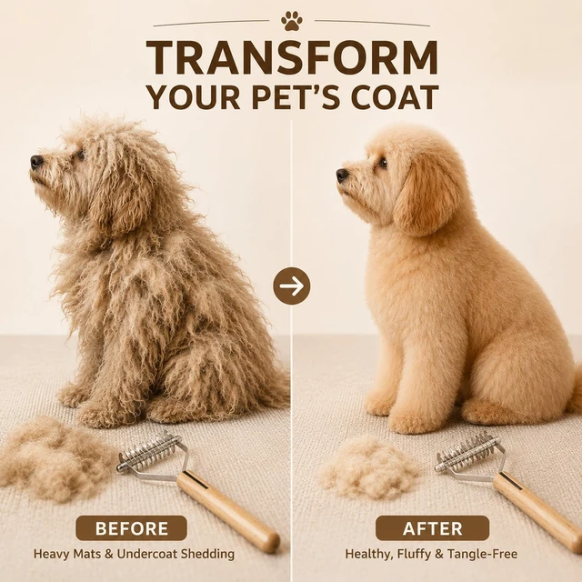 Alt view image 3 of 7 - Dual-Sided Pet Dematting Comb - Dog & Cat Undercoat Rake - Gentle Grooming Brush for Mats, Tangles & Loose Fur, Safe Rounded Teeth, Ergonomic Natural Wood Handle - Large (17+9 Teeth)