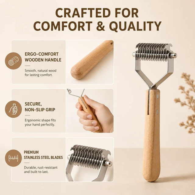 Alt view image 4 of 7 - Dual-Sided Pet Dematting Comb - Dog & Cat Undercoat Rake - Gentle Grooming Brush for Mats, Tangles & Loose Fur, Safe Rounded Teeth, Ergonomic Natural Wood Handle - Large (17+9 Teeth)
