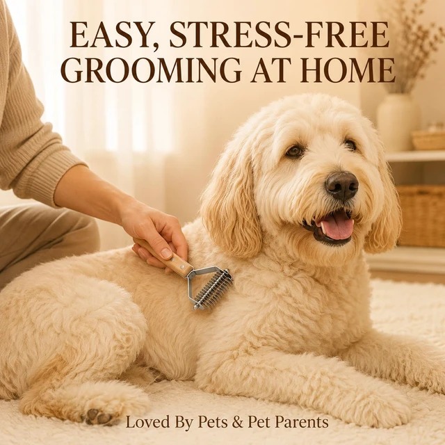 Alt view image 5 of 7 - Dual-Sided Pet Dematting Comb - Dog & Cat Undercoat Rake - Gentle Grooming Brush for Mats, Tangles & Loose Fur, Safe Rounded Teeth, Ergonomic Natural Wood Handle - Large (17+9 Teeth)