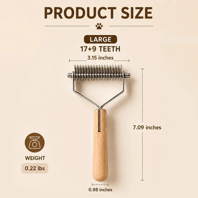 Alt view image 6 of 7 - Dual-Sided Pet Dematting Comb - Dog & Cat Undercoat Rake - Gentle Grooming Brush for Mats, Tangles & Loose Fur, Safe Rounded Teeth, Ergonomic Natural Wood Handle - Large (17+9 Teeth)