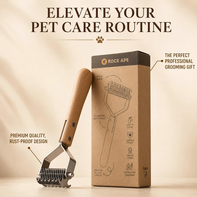 Alt view image 7 of 7 - Dual-Sided Pet Dematting Comb - Dog & Cat Undercoat Rake - Gentle Grooming Brush for Mats, Tangles & Loose Fur, Safe Rounded Teeth, Ergonomic Natural Wood Handle - Large (17+9 Teeth)