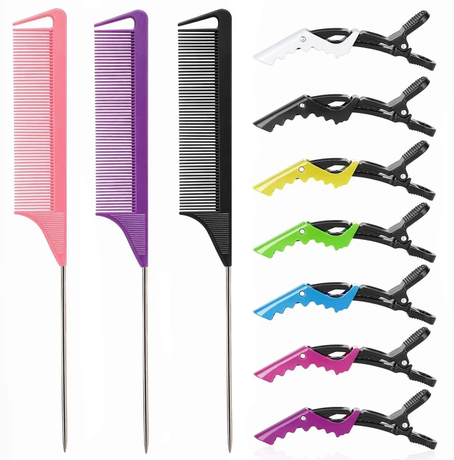 Main image of Parting Combs with Styling Clips: 3 Metal Teasing Combs for Braids, 7 Professional Sectioning Hair Clips