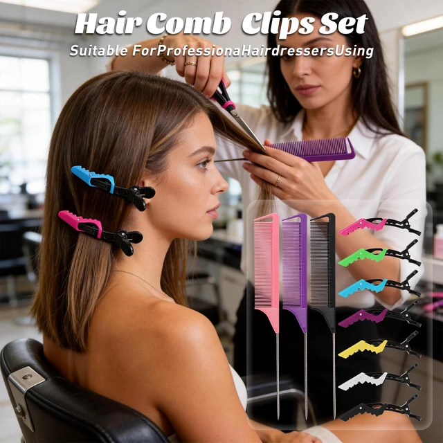 Alt view image 3 of 7 - Parting Combs with Styling Clips: 3 Metal Teasing Combs for Braids, 7 Professional Sectioning Hair Clips