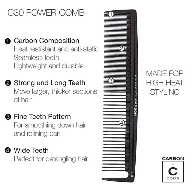 Alt view image 2 of 7 - C30 Professional Hair Stylist Power Carbon Comb - Heat-Resistant, Anti-Static, Seamless Teeth for Detangling and Styling, Dual-Function Fine & Wide Tooth Design with Sectioning Pick - Black