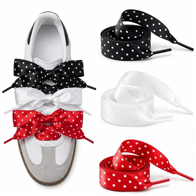 Main image of Polka Dot Satin Ribbon Shoe Laces for Women Sneakers, 3 Pairs | 47 inch/120cm cute fancy decorative shoe laces for sneakers, canvas & casual shoes; black, white & red polka dots