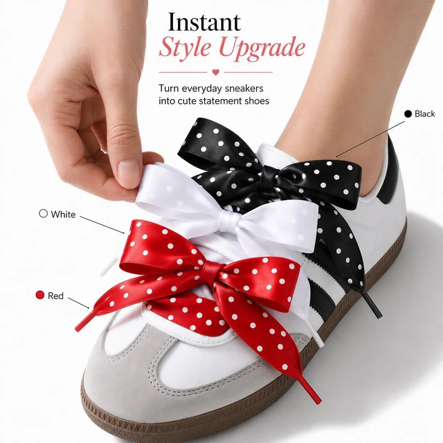 Alt view image 2 of 7 - Polka Dot Satin Ribbon Shoe Laces for Women Sneakers, 3 Pairs | 47 inch/120cm cute fancy decorative shoe laces for sneakers, canvas & casual shoes; black, white & red polka dots