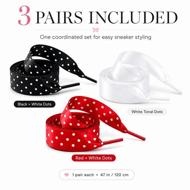 Alt view image 3 of 7 - Polka Dot Satin Ribbon Shoe Laces for Women Sneakers, 3 Pairs | 47 inch/120cm cute fancy decorative shoe laces for sneakers, canvas & casual shoes; black, white & red polka dots