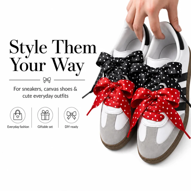 Alt view image 5 of 7 - Polka Dot Satin Ribbon Shoe Laces for Women Sneakers, 3 Pairs | 47 inch/120cm cute fancy decorative shoe laces for sneakers, canvas & casual shoes; black, white & red polka dots