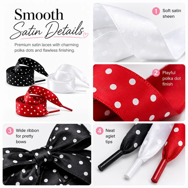 Alt view image 6 of 7 - Polka Dot Satin Ribbon Shoe Laces for Women Sneakers, 3 Pairs | 47 inch/120cm cute fancy decorative shoe laces for sneakers, canvas & casual shoes; black, white & red polka dots
