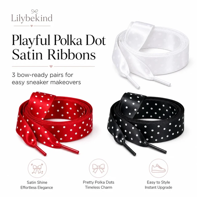 Alt view image 7 of 7 - Polka Dot Satin Ribbon Shoe Laces for Women Sneakers, 3 Pairs | 47 inch/120cm cute fancy decorative shoe laces for sneakers, canvas & casual shoes; black, white & red polka dots