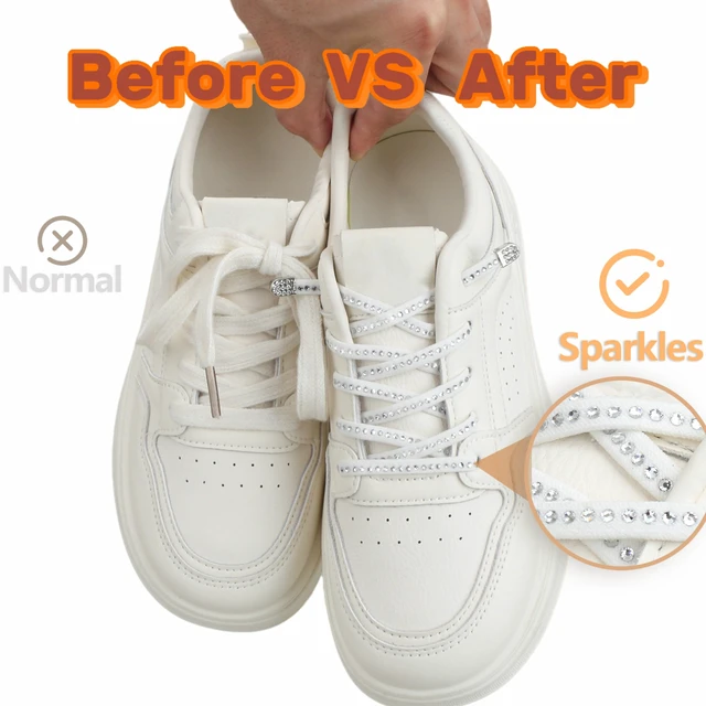 Alt view image 2 of 7 - Double-Sided White Crystal Rhinestone Elastic No Tie Shoelaces with Metal Buckle - Sparkly Bling Stretch Shoe Laces for Sneakers, Kids & Adults, DIY No-Tie Laces for Runing Shoes(100 cm)