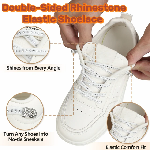 Alt view image 3 of 7 - Double-Sided White Crystal Rhinestone Elastic No Tie Shoelaces with Metal Buckle - Sparkly Bling Stretch Shoe Laces for Sneakers, Kids & Adults, DIY No-Tie Laces for Runing Shoes(100 cm)