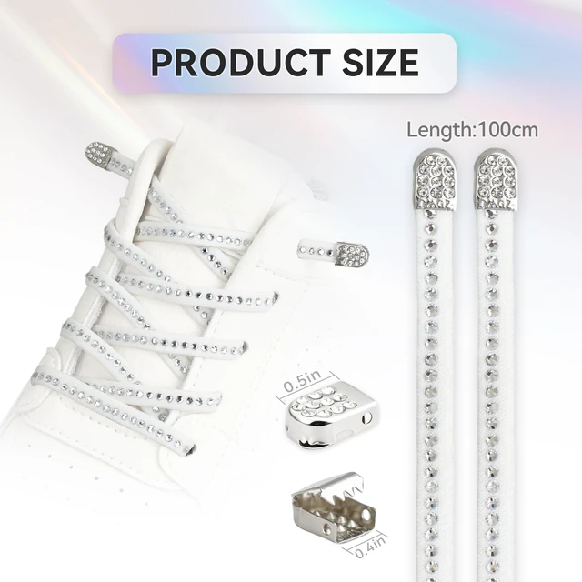 Alt view image 5 of 7 - Double-Sided White Crystal Rhinestone Elastic No Tie Shoelaces with Metal Buckle - Sparkly Bling Stretch Shoe Laces for Sneakers, Kids & Adults, DIY No-Tie Laces for Runing Shoes(100 cm)