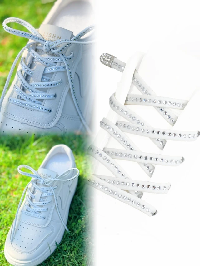 Alt view image 4 of 7 - Double-Sided White Crystal Rhinestone Elastic No Tie Shoelaces with Metal Buckle - Sparkly Bling Stretch Shoe Laces for Sneakers, Kids & Adults, DIY No-Tie Laces for Runing Shoes(100 cm)