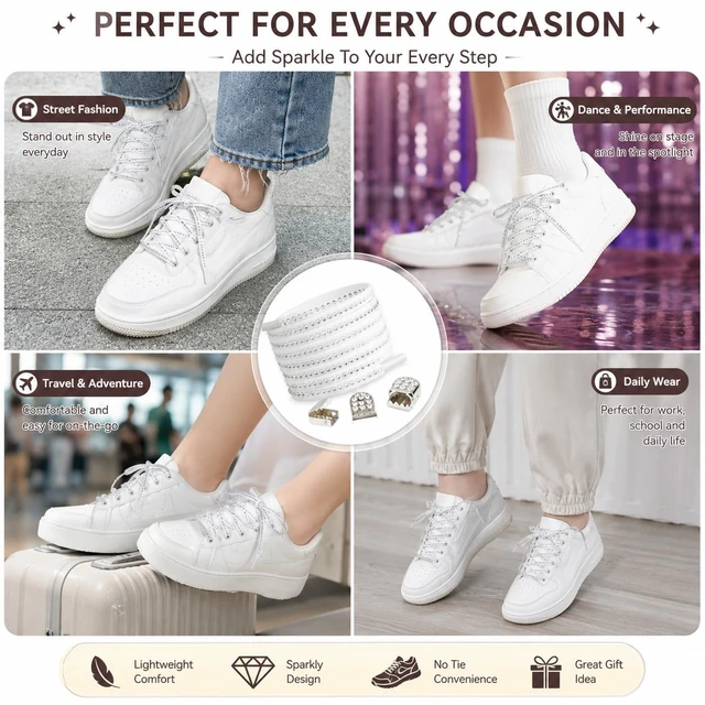 Alt view image 7 of 7 - Double-Sided White Crystal Rhinestone Elastic No Tie Shoelaces with Metal Buckle - Sparkly Bling Stretch Shoe Laces for Sneakers, Kids & Adults, DIY No-Tie Laces for Runing Shoes(100 cm)