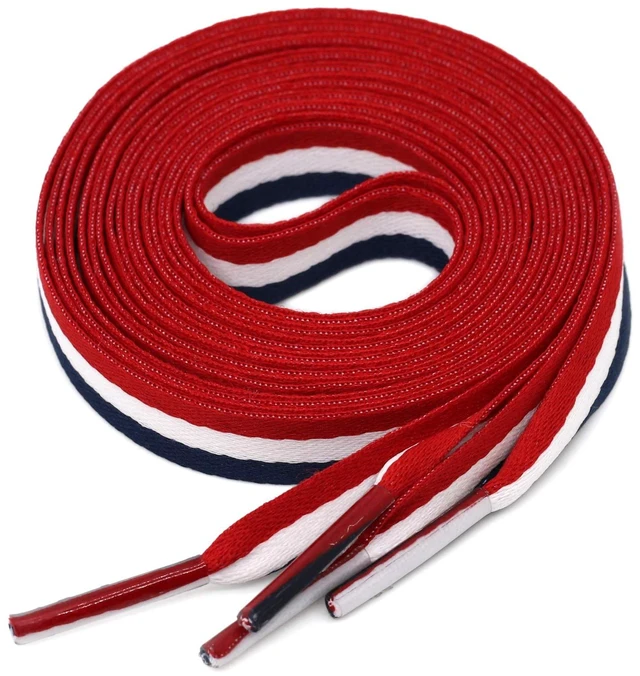 Main image of Colored Flat Shoe Laces: 47" Red White Blue Shoelaces for Sneakers | 1 Pair, 10mm Wide, 12 Stripe Colors, 28"-59", Men & Women