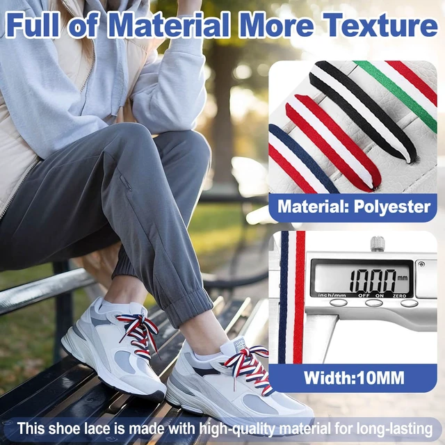 Alt view image 2 of 7 - Colored Flat Shoe Laces: 47" Red White Blue Shoelaces for Sneakers | 1 Pair, 10mm Wide, 12 Stripe Colors, 28"-59", Men & Women