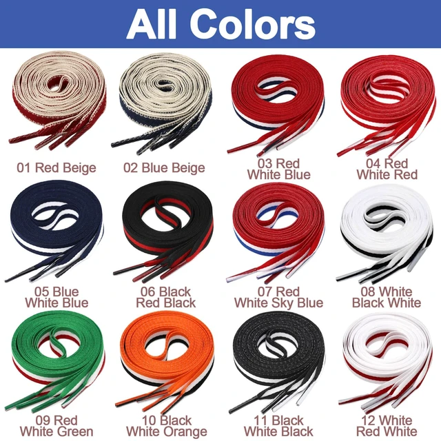 Alt view image 4 of 7 - Colored Flat Shoe Laces: 47" Red White Blue Shoelaces for Sneakers | 1 Pair, 10mm Wide, 12 Stripe Colors, 28"-59", Men & Women